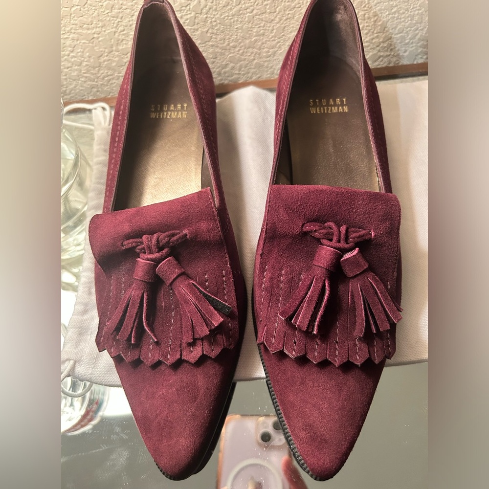 Stuart Weitzman Suede Burgundy Tassel Loafers